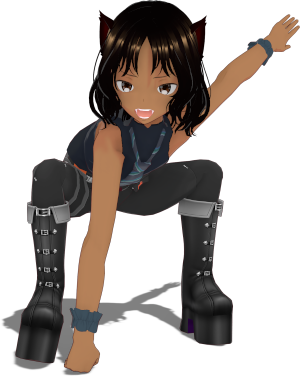 Lira, with brown hair, light brown skin, and brown eyes, shoulder length hair, and cat ears, is wearing a sleeveless black top and a blue and gray striped necktie, gray pants, and thick-soled boots, and is crouching with fist on the ground before them and their other arm outstretched behind.