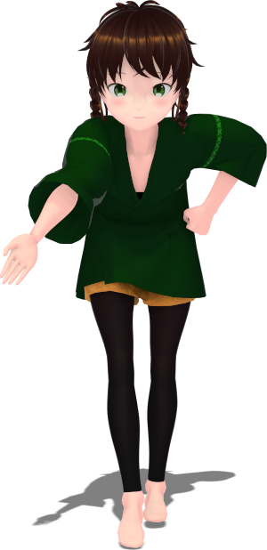 3D render of the character Sylvie, with brown hair in braided pigtails, light skin, and green eyes, smiling and reaching towards the viewer. Sylvie is wearing a loose-fit green shirt, brown leather shorts, black leggings, and is barefoot.